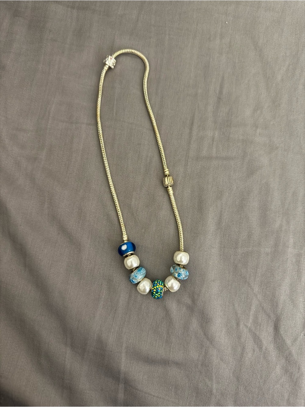 Pandora Blue and White Glass & Pearl Charm Necklace